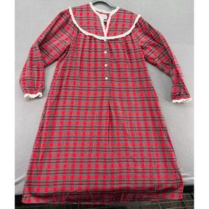 Lanz of Salzburg Red Plaid Flannel Nightgown Lace Trim Cotton Womens Small